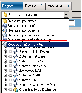 Janela do Gerenciador de restauração com a guia Origem selecionada. O método de restauração Recuperar Máquinas Virtuais está selecionado.