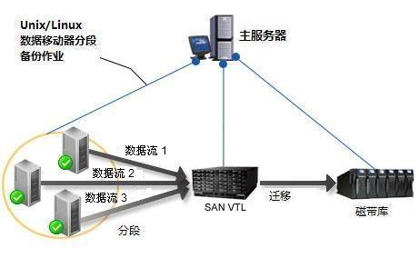 体系结构图表：使用分段将数据备份到共享磁带库。