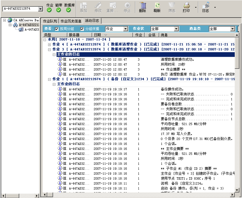 作业状态管理器 - 活动日志 - ARCserve 域包含成员服务器。