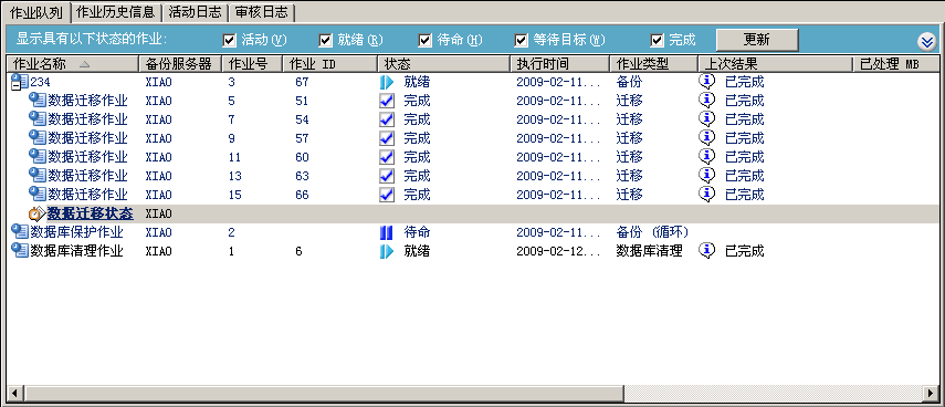 作业状态管理器 -“作业队列”选项卡 - 选定了“数据迁移作业”。