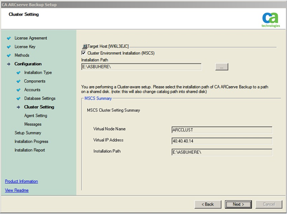 安装程序:“群集设置”对话框。