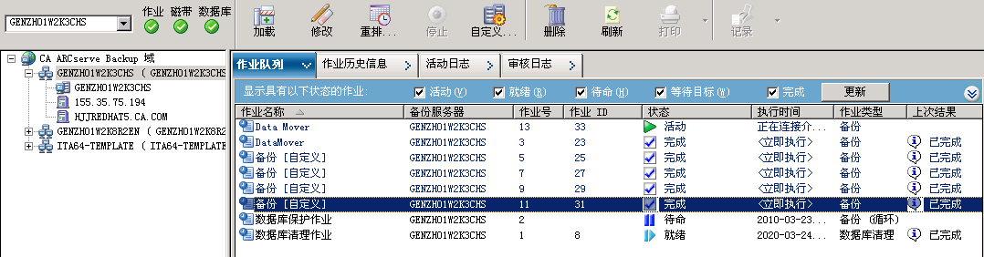 作业状态管理器。 选定了一个数据移动器服务器，而且该服务器在“作业历史信息”选项卡上包含作业历史记录。