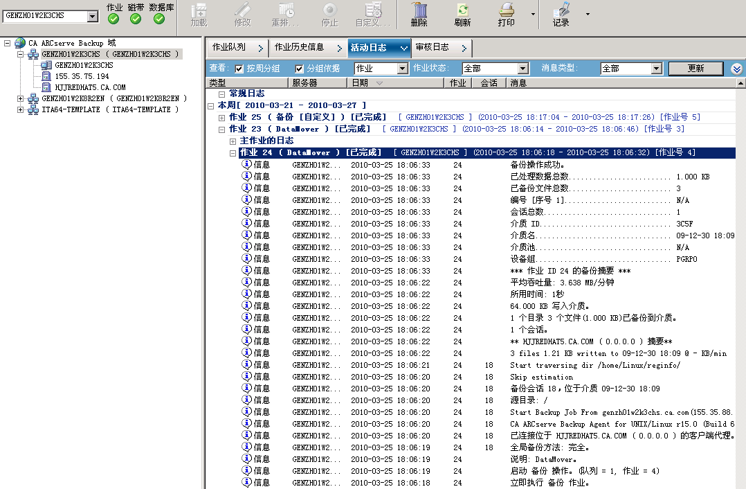 作业状态管理器。 选定了一个数据移动器服务器，而且该服务器在“活动日志”选项卡上包含作业详细信息。