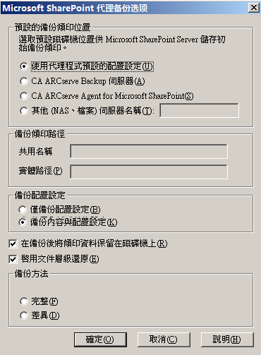 Agent for Microsoft SharePoint 的備份選項對話方塊