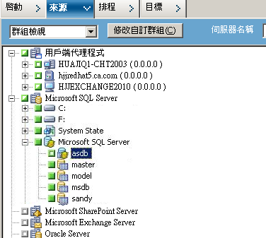 備份管理員的來源索引標籤。 會從來源中排除 CA ARCserve Backup 資料庫。