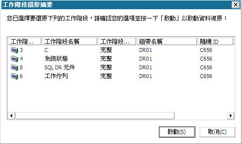 Windows PE 災難復原 - 工作階段還原摘要畫面。