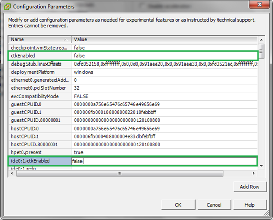 Configuration Parameters (配置參數) 對話方塊。 找出物件，並將值變更為 false。