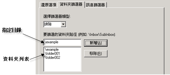 資料夾篩選器顯示路徑與資料夾清單