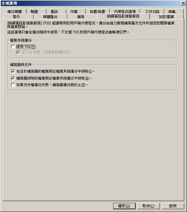 [全域選項] 對話方塊中的 [磁碟區陰影複製服務] 索引標籤