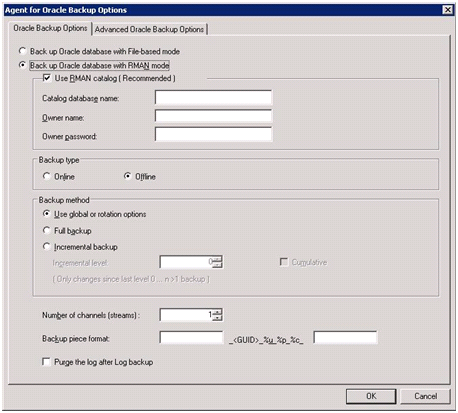 在 RMAN 模式中的 Agent for Oracle 備份選項
