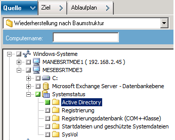 Struktur "Quelle" des Wiederherstellungs-Managers Der Systemstatus wird eingeblendet, und Active Directory wird ausgewählt.