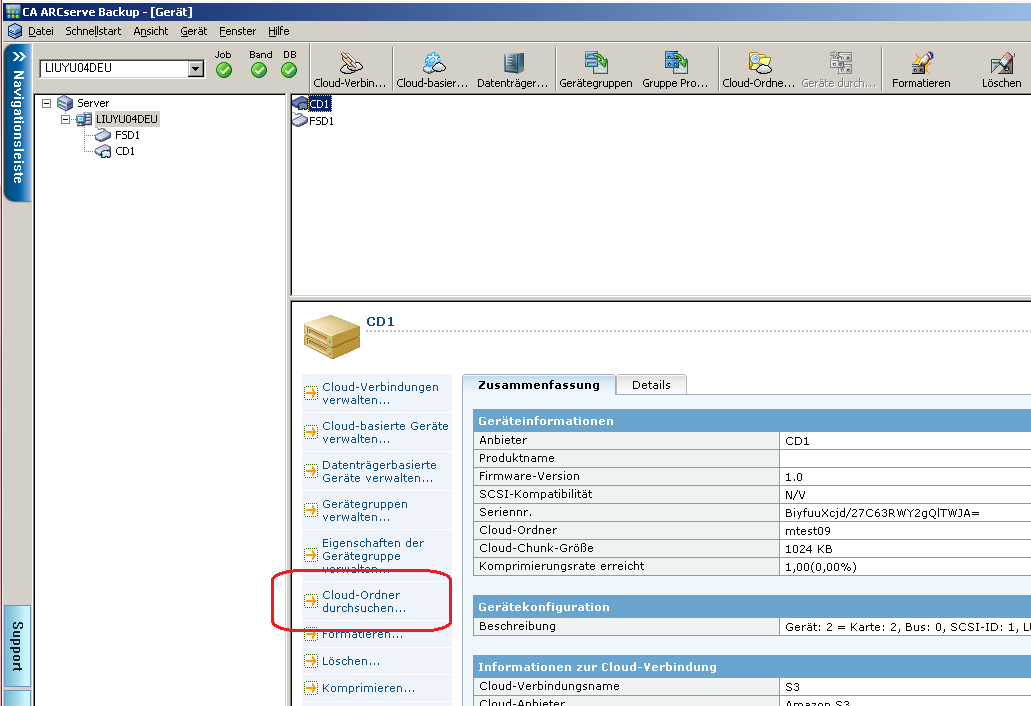 Cloud-Ordner vom Server-Detailfenster aus durchsuchen