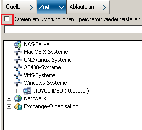 Fenster "Wiederherstellungs-Manager" und die Registerkarte "Ziel" ist ausgewählt. "Dateien am ursprünglichen Speicherort wiederherstellen" ist markiert.