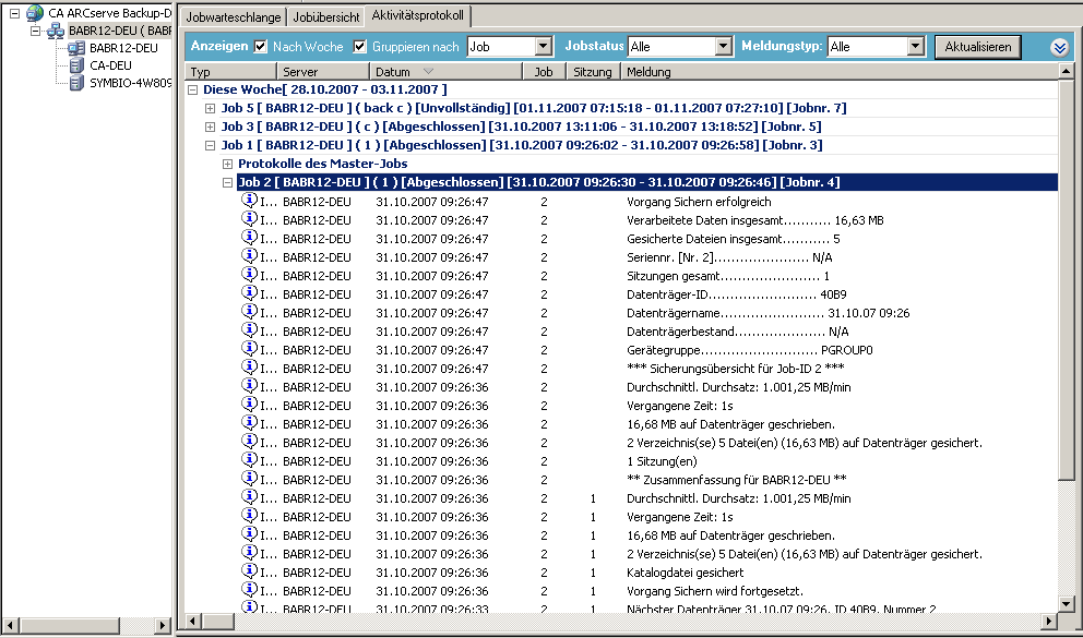 Jobstatus-Manager - Aktivitätsprotokoll - Die ARCserve-Domäne enthält Mitgliedsserver.