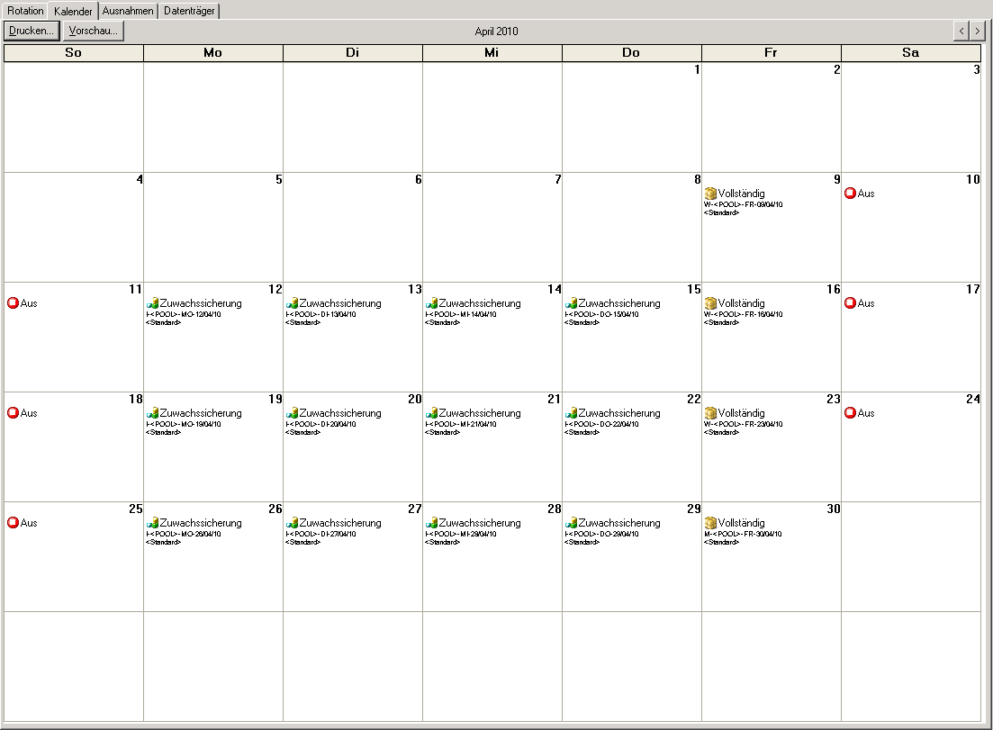 Sicherungs-Manager - Registerkarte "Ablaufplan". Die Registerkarte "Kalender" ist ausgewählt.