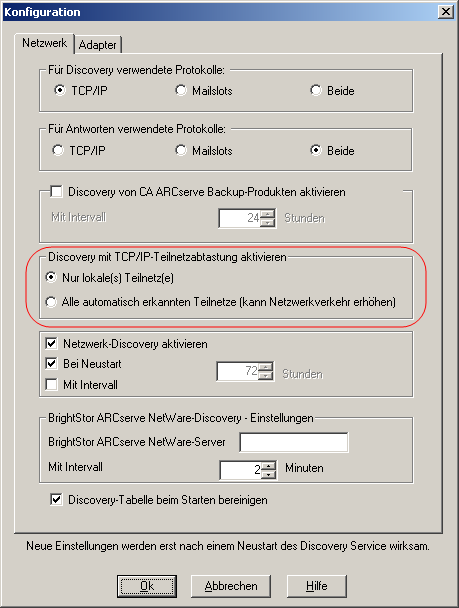 Dialogfeld "Discovery-Konfiguration" Der Abschnitt "Discovery mit TCP/IP-Teilnetzabtastung aktivieren" ist markiert und die Option "Nur lokale(s) Teilnetz(e)" ist festgelegt.