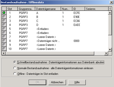 Dialogfeld "Bestandsaufnahme/Offlineslots". "Normale Bestandsaufnahme - alle Datenträgerinformationen einlesen" ist angegeben.