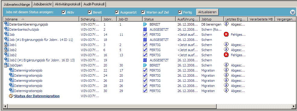 Jobstatus-Manager - Registerkarte "Jobwarteschlange" - Datenmigrationsjob ausgewählt.