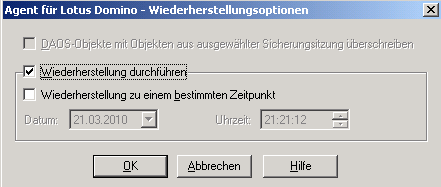 Veranschaulichen des Fensters "Agent für Lotus Domino - Wiederherstellungsoptionen"