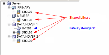 Gerätemanager Der Serverbaum enthält Bibliotheken, die gemeinsam genutzt werden, sowie einen Data Mover-Server mit einem angeschlossenen Dateisystemgerät.
