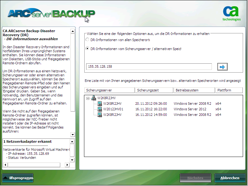 Windows PE Disaster Recovery - Fenster "DR-Informationen auswählen".