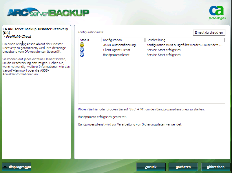 Windows PE Disaster Recovery - Fenster "Preflight-Check".