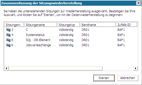 Windows PE Disaster Recovery - Fenster "Sitzungswiederherstellung".
