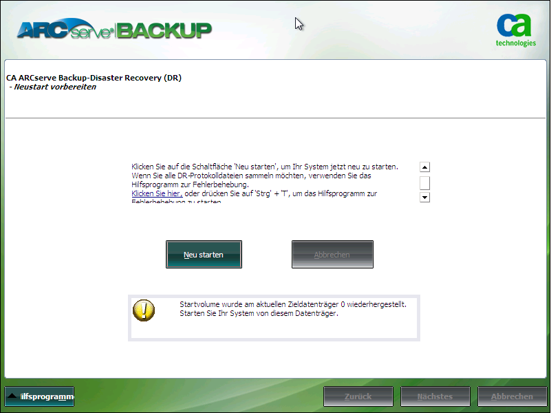 Windows PE Disaster Recovery - Fenster "Neustart vorbereiten".