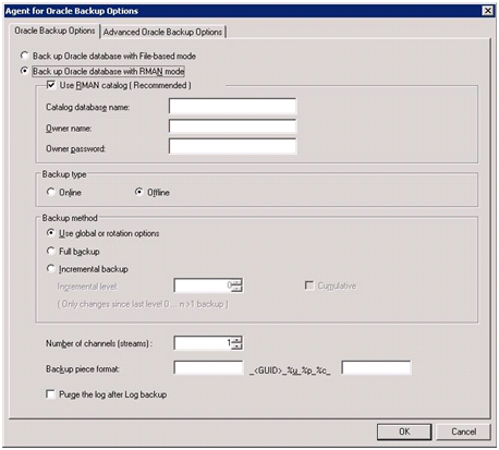 Sicherungsoptionen des Agenten für Oracle im RMAN-Modus