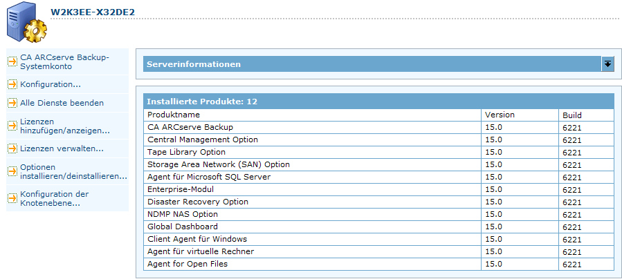 Serververwaltung - Eigenschaften - Liste "Installierte Produkte"