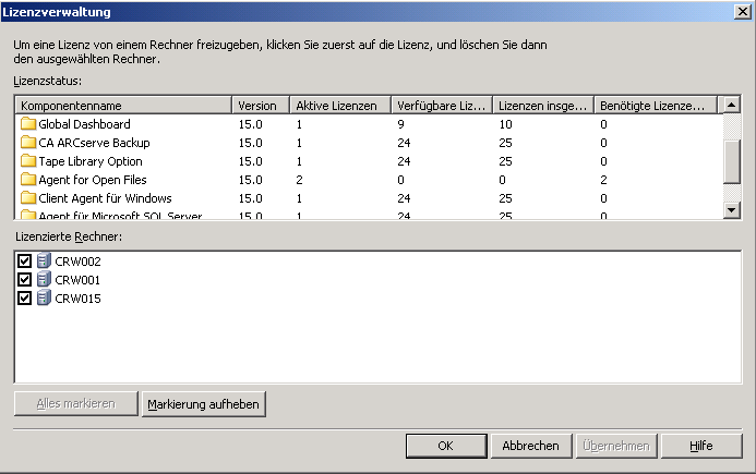 Dialogfeld "Lizenzverwaltung" - Zeigt die Anzahl der angewandten Lizenzen und die mit der ausgewählten Lizenz verknüpften Server an.
