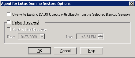 Illustrating the Agent for Lotus Domino Restore Options window
