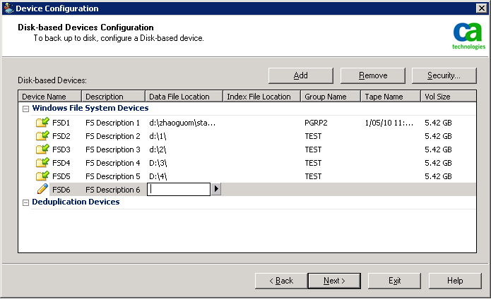 Disk-based device configuration showing new FSD