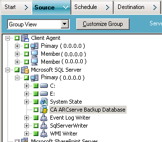 Backup Manager Source tab. The CA ARCserve Backup database is excludes from the source.