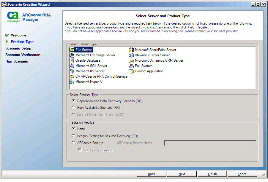 Select Server and Product Type screen