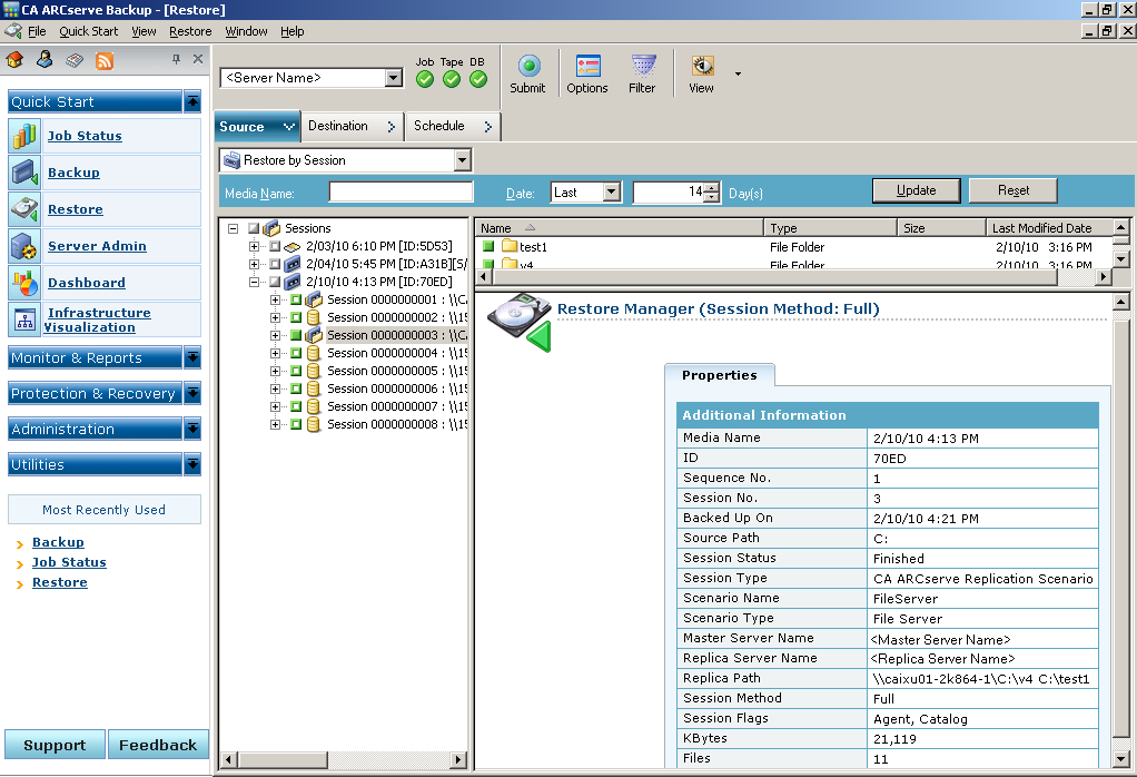 Restore Manager, Restore by Session