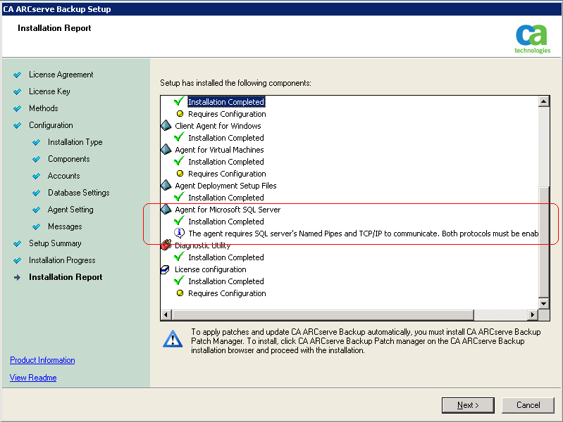 Setup: Installation Report dialog. Agent for Microsoft SQL Server contains important information.