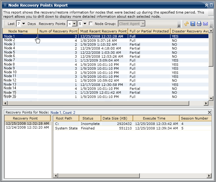 Node Recovery Point Report - Drill Down List Report