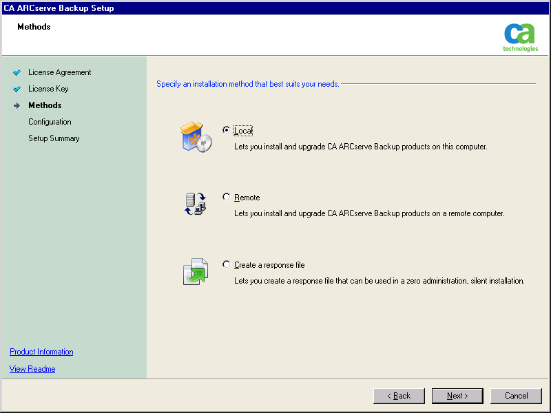 Setup: Methods dialog. The Local installation method is specified.