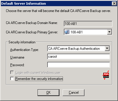 Default Server Information dialog.