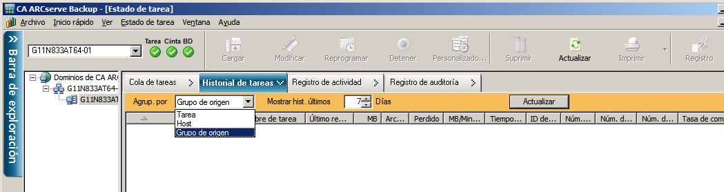 Historial de tareas que muestra la vista de grupo
