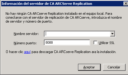 Cuadro de diálogo Información del servidor de CA ARCServe Replication.