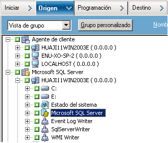 Ficha Origen del gestor de copia de seguridad. La base de datos de CA ARCserve Backup se excluye del origen.