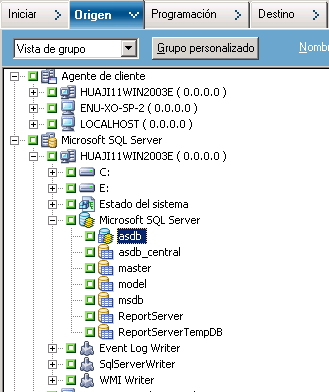 Ficha Origen del gestor de copia de seguridad. La base de datos de CA ARCserve Backup se excluye del origen.