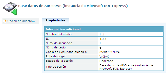 Gestor de restauración: propiedades de la base de datos de ARCserve