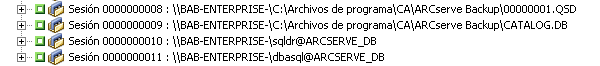 Gestor de restauración: restaurar por sesión, se resalta la sesión de base de datos de ARCserve