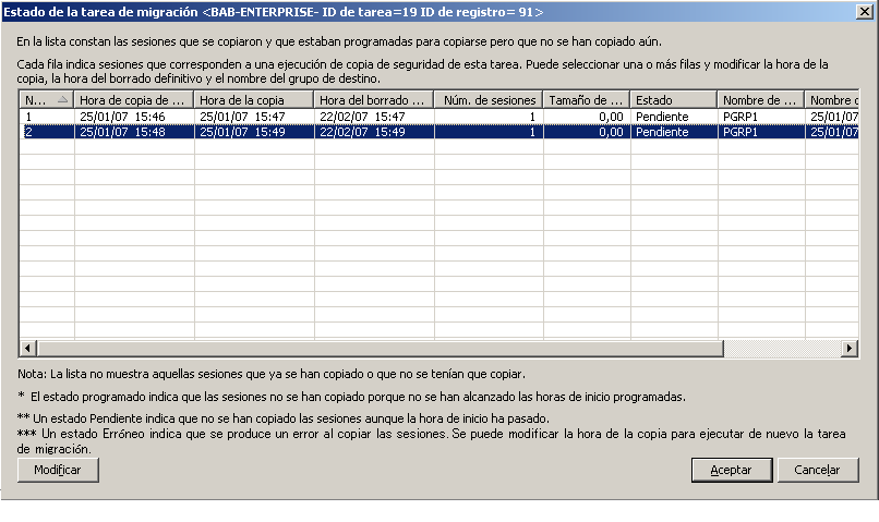 Cuadro de diálogo Estado de la tarea de migración: modificar el botón seleccionado.
