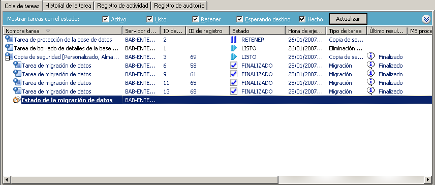 Gestor de estado de tarea: ficha Cola de tareas, tarea de migración de datos seleccionada.