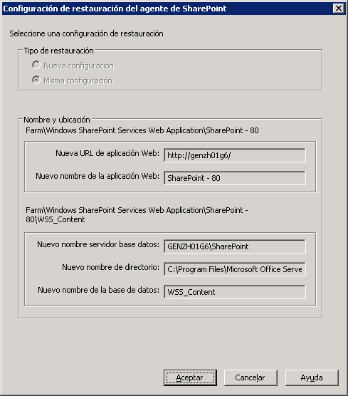 Cuadro de diálogo Valores de configuración de la restauración en SharePoint Server