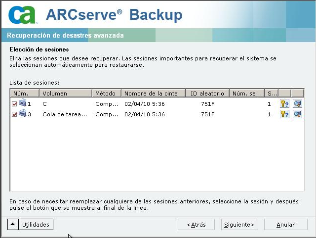 La lista de sesiones para Windows Server 2008